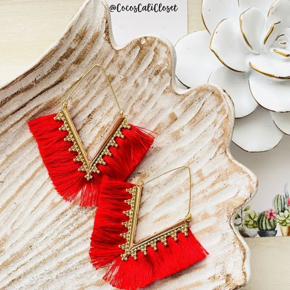 Boho Red Fringe Filigree Drop Earrings NWT
